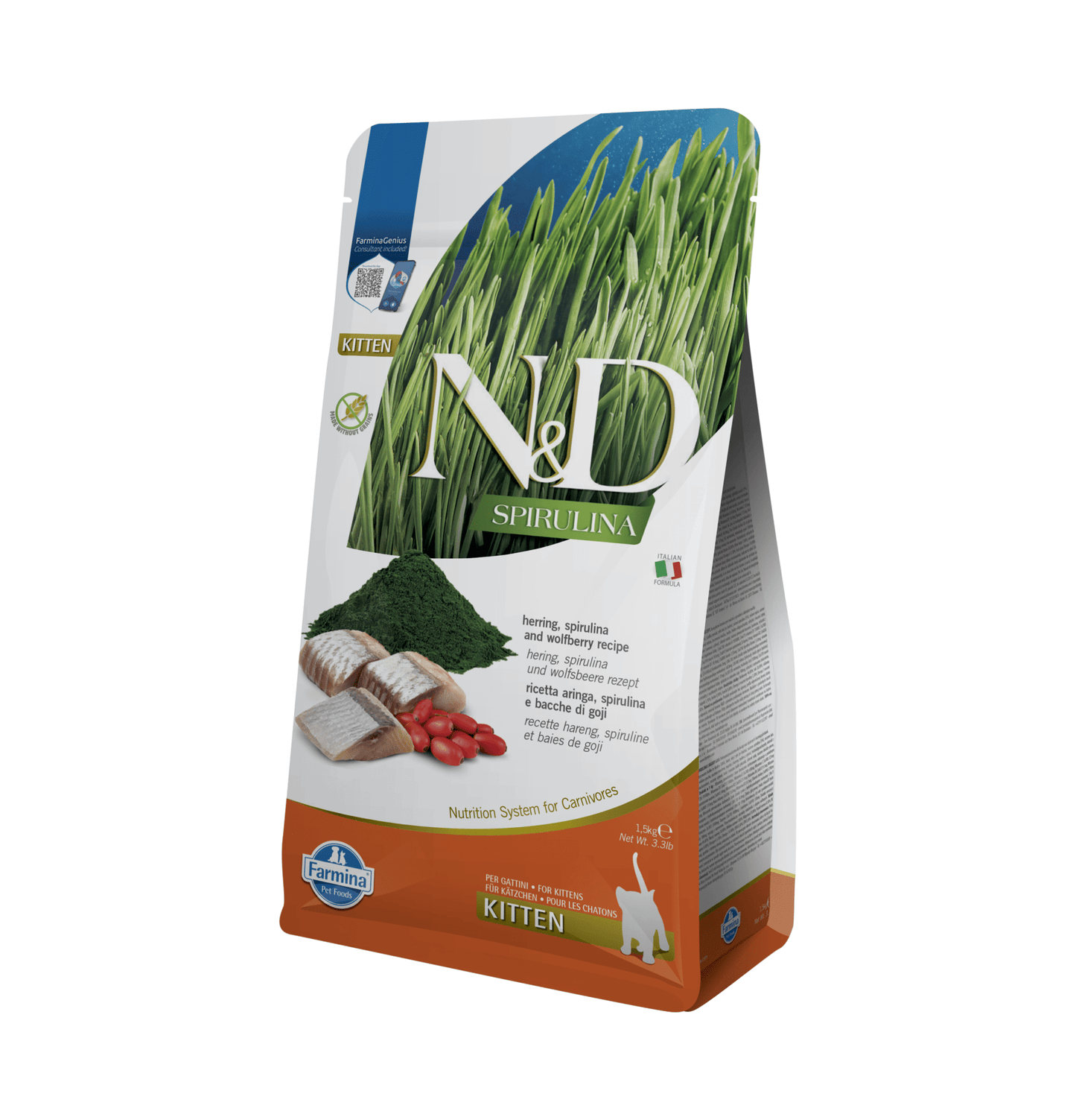 Farmina N&D | 天然螺旋藻無穀物系列 - 鯡魚&枸杞幼貓糧 1.5kg - SugarPet 寵甜