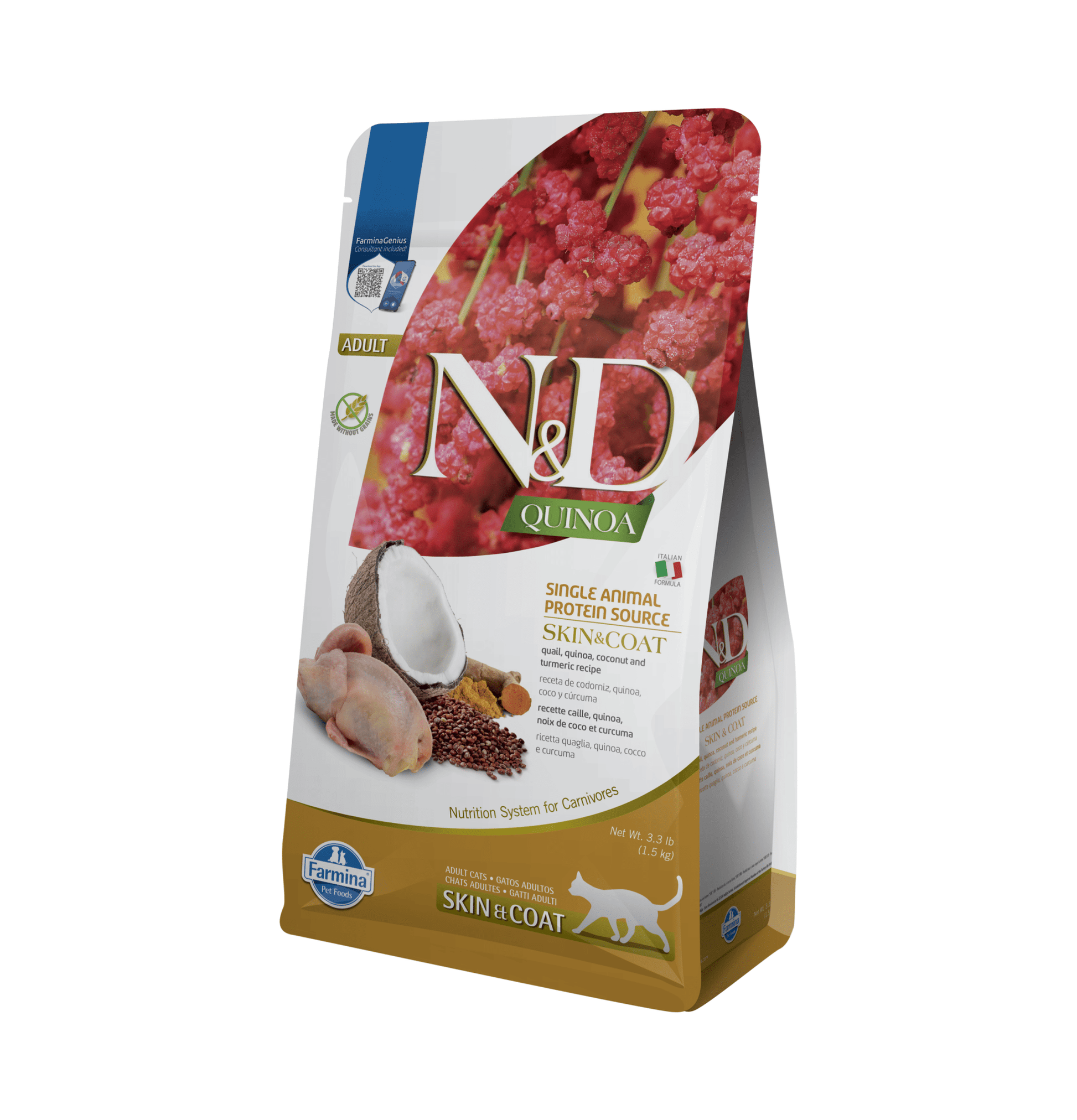 Farmina N&D | 天然藜麥無穀物保健系列 - 鵪鶉&椰子皮毛保健成貓乾糧 1.5kg - SugarPet 寵甜