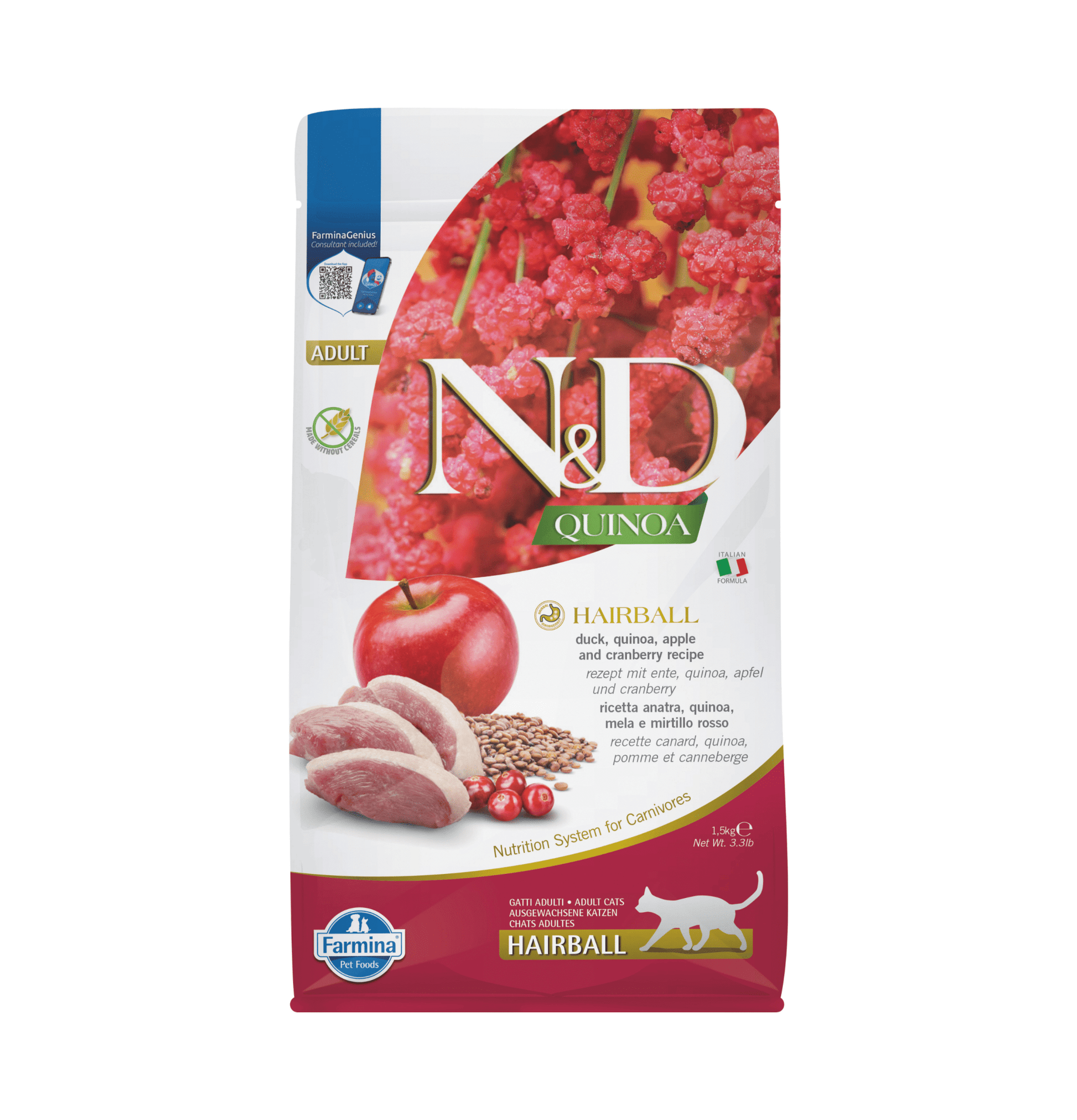 Farmina N&D | 天然藜麥無穀物保健系列 - 鴨肉去毛球成貓乾糧 1.5kg - SugarPet 寵甜