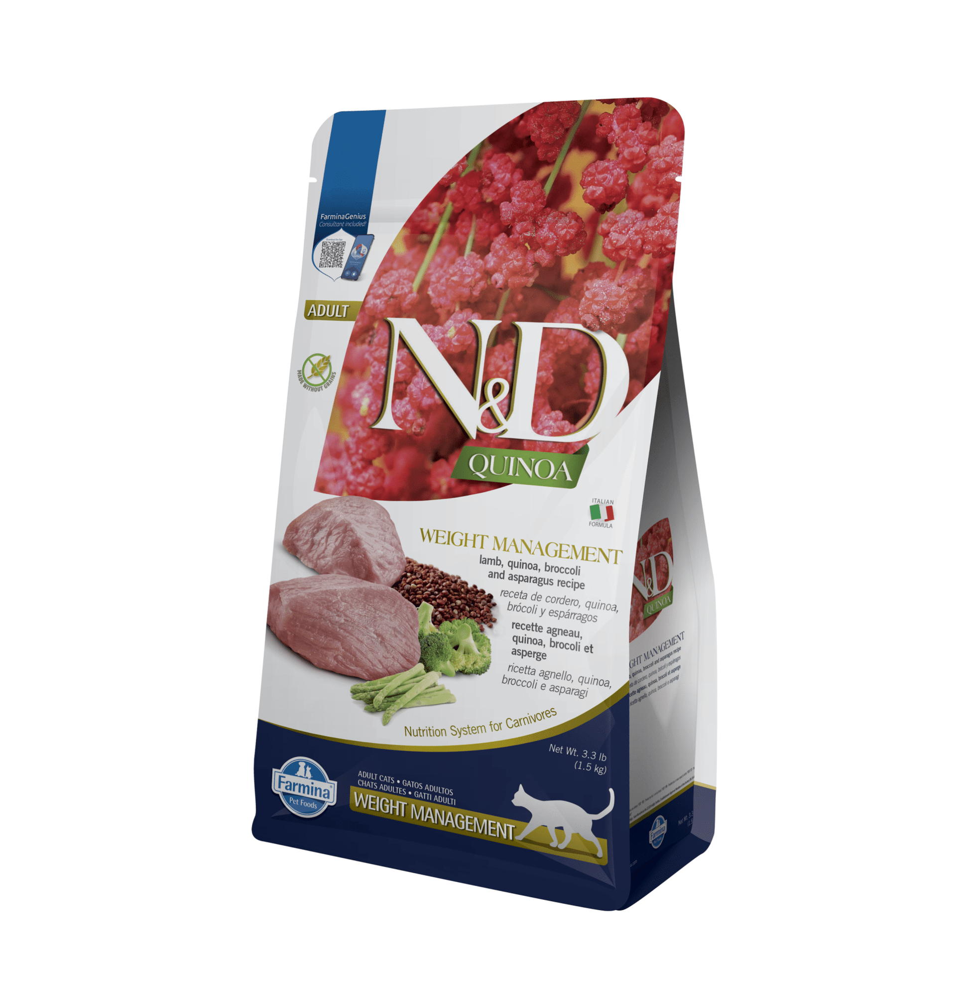 Farmina N&D | 天然藜麥無穀物保健系列 - 羊肉&蘆筍體重管理成貓乾糧 / 老貓糧 1.5kg - SugarPet 寵甜