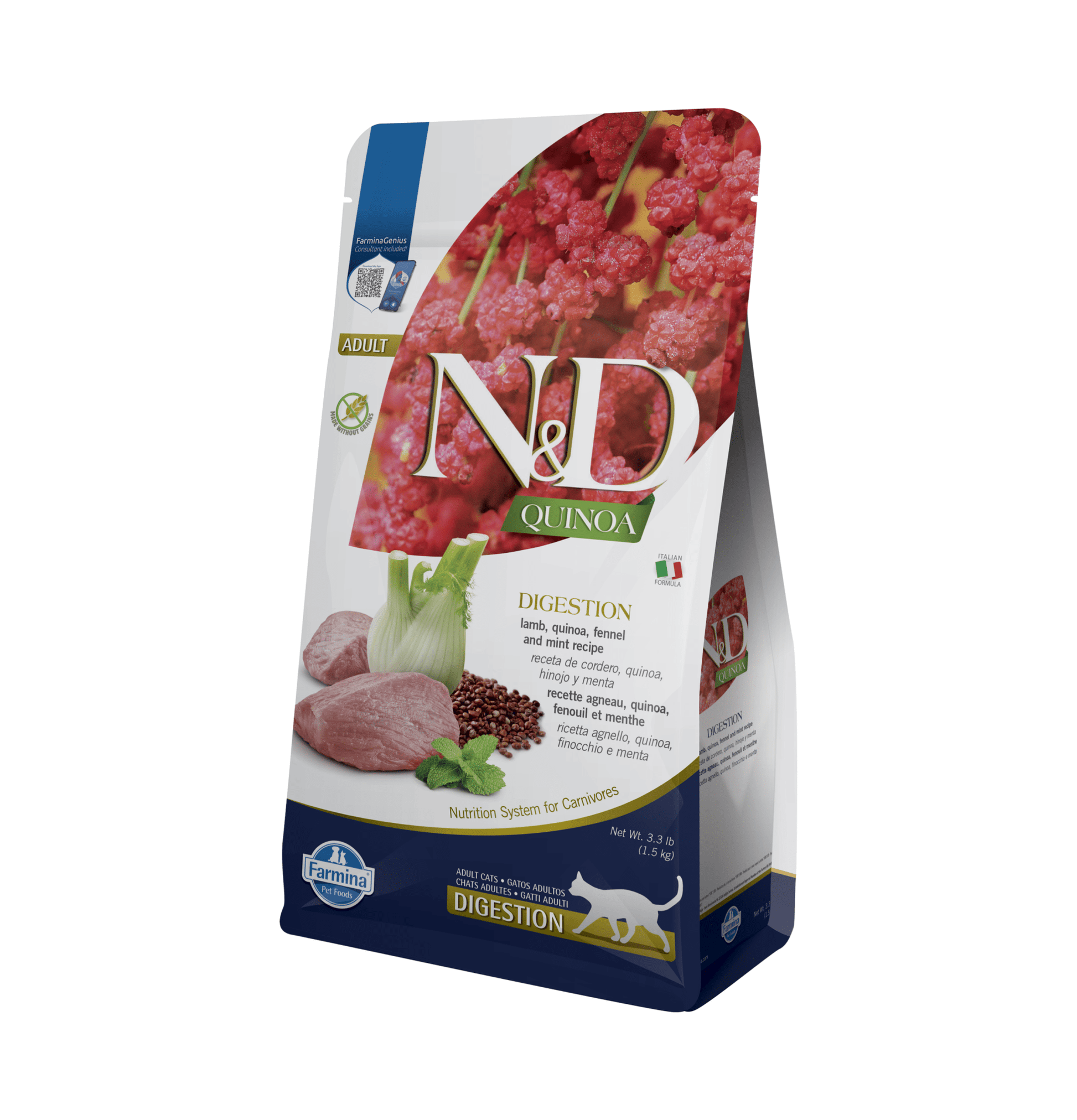 Farmina N&D | 天然藜麥無穀物保健系列 - 羊肉&茴香腸胃保健成貓乾糧 1.5kg - SugarPet 寵甜