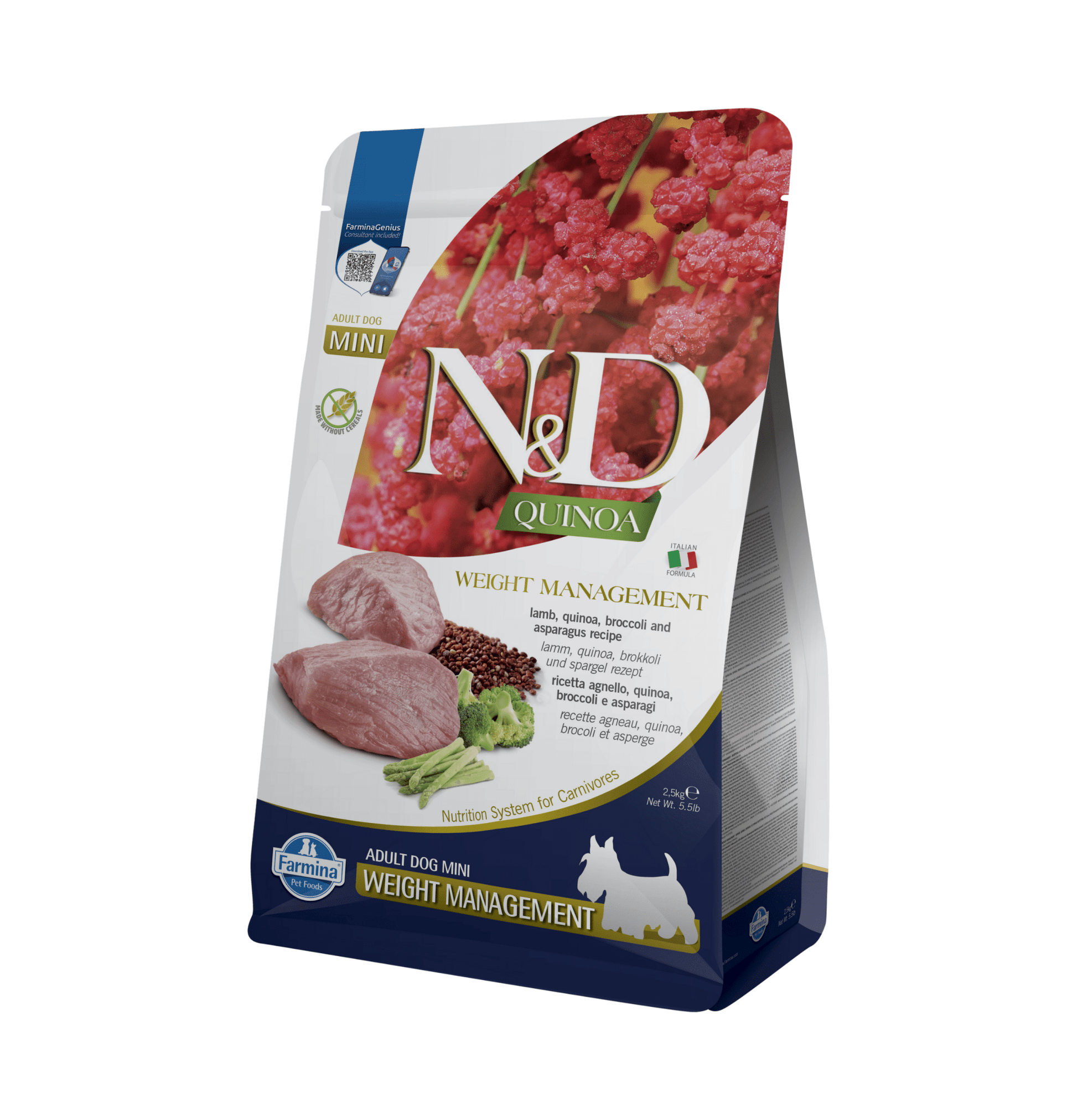 Farmina N&D | 天然藜麥無穀物保健系列 - 羊肉&蘆筍體重管理成犬乾糧 / 老犬糧 2.5kg - SugarPet 寵甜