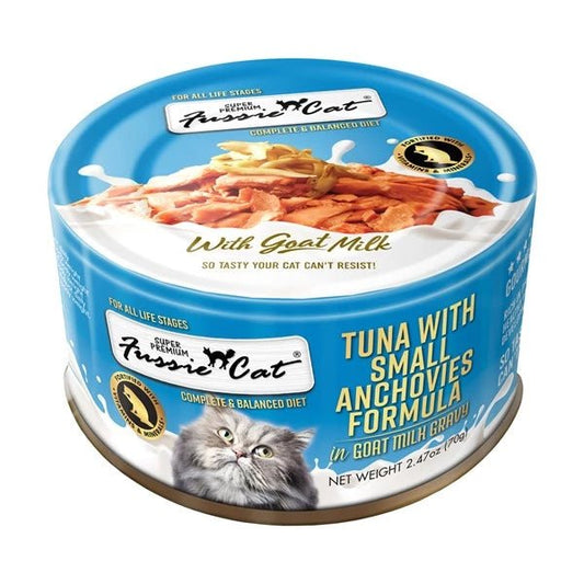 Fussie Cat | 山羊奶湯汁吞拿魚+小鯷魚主食貓罐頭 70g - SugarPet