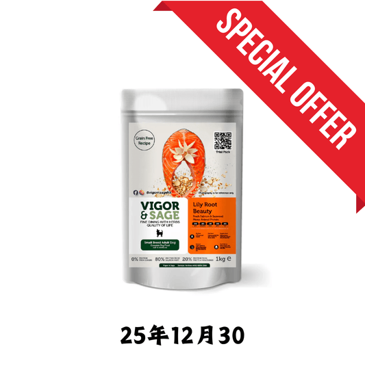 25年12月30 | Vigor & Sage | 無穀物三文魚百合美毛小型犬狗乾糧 1kg - SugarPet 寵甜