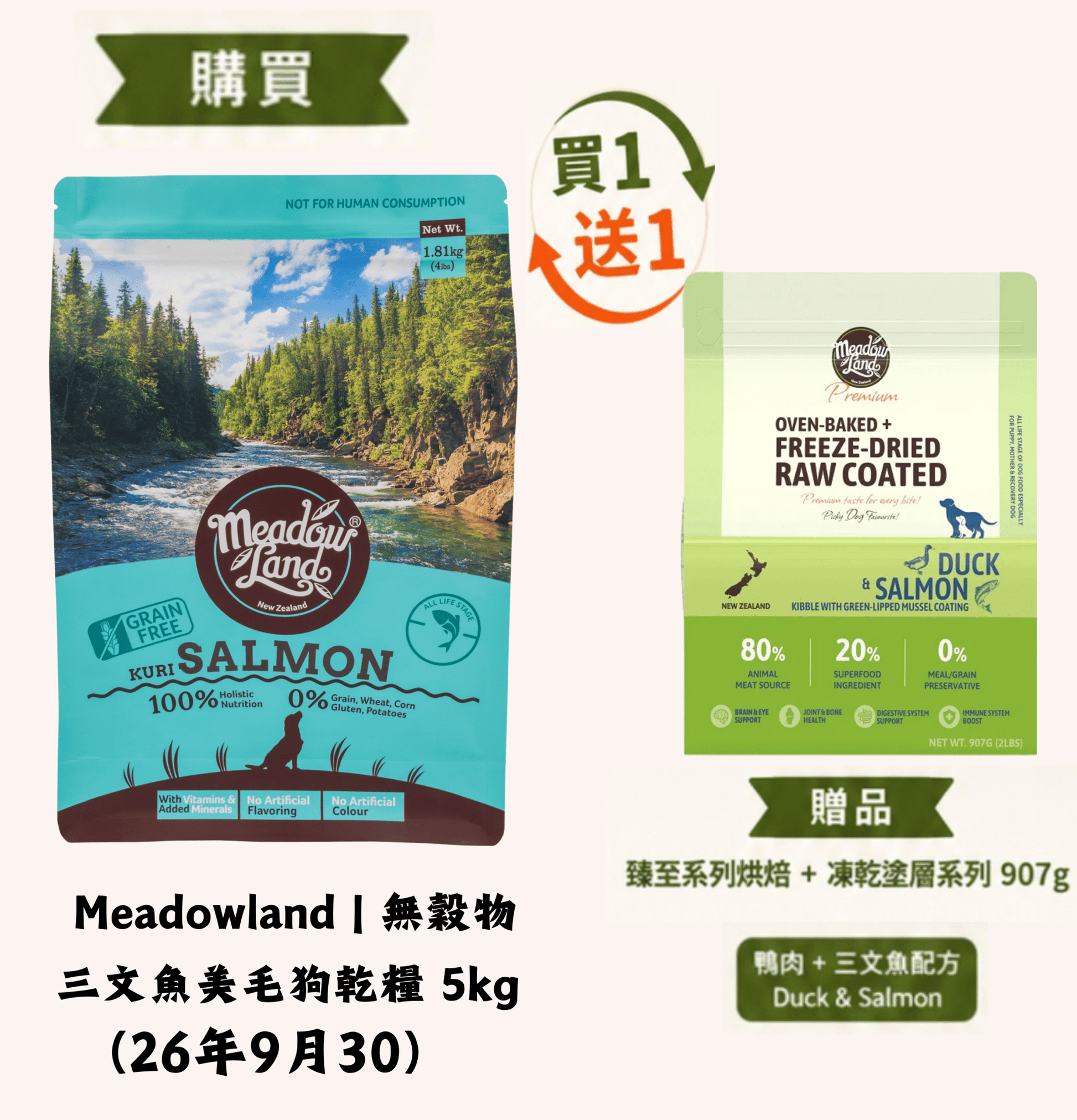 26年9月30 | Meadowland | 無穀物三文魚美毛狗乾糧 5kg (送1包臻至系列 烘焙鴨肉+三文魚及青口塗層配方907g） - SugarPet 寵甜