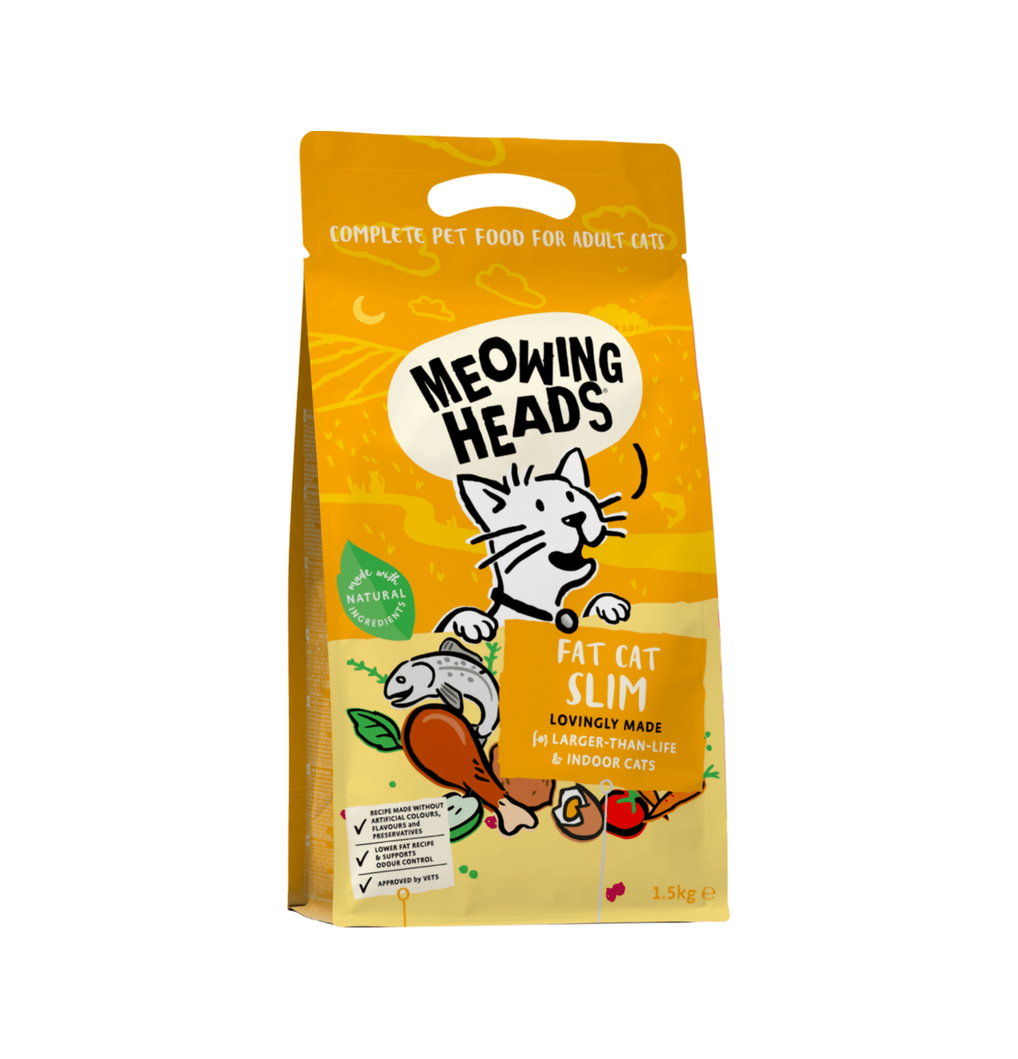 Meowing Heads | 無穀物纖體之選全體重控制及室內成貓乾糧（黃色） - SugarPet 寵甜
