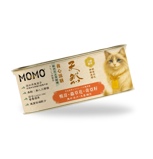 MOMOcare 萌寵守護 | 養心滋膳・溫燉 × 天然 - 鴨茸 + 蟲草花 + 奇亞籽 【氣血調養・元氣補充】 - 肉泥營養主食貓罐頭 110g - SugarPet 寵甜