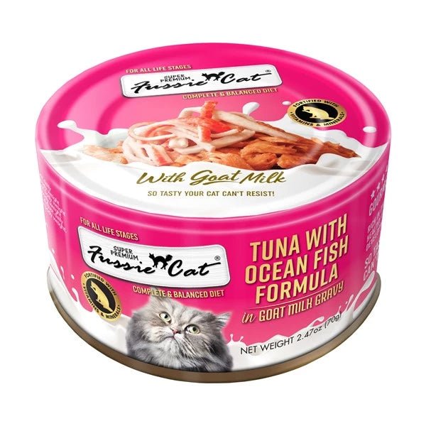 Fussie Cat | 山羊奶湯汁吞拿魚+海魚主食貓罐頭 70g - SugarPet